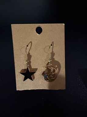 Gold Star and Moon Dangle Earrings - Black Accent